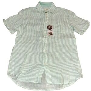 Panama Jack 100% Linen Button Up Polo, Mint Green/White‎ Pinstripe Mens Small
